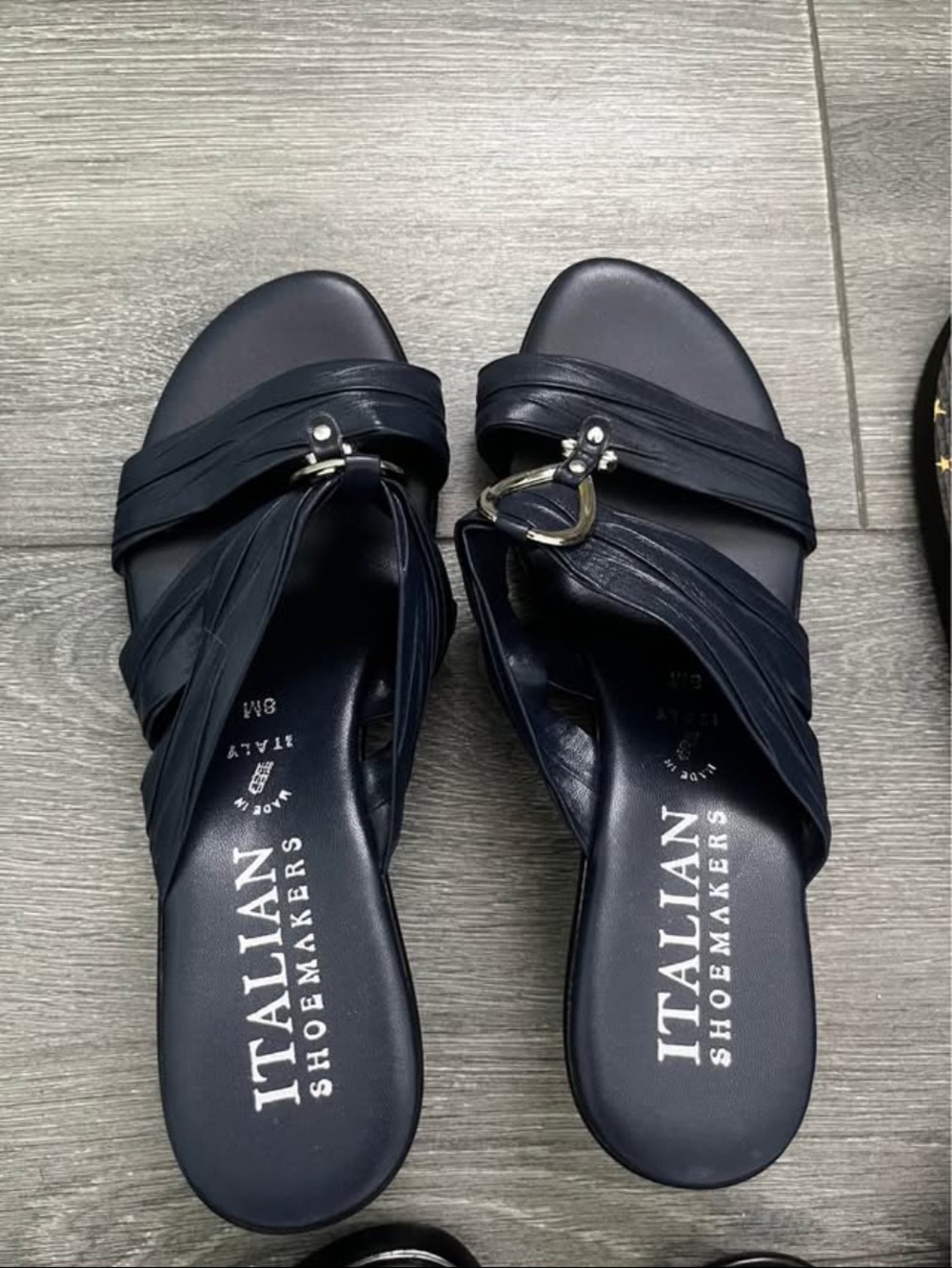 Italian Shoemakers Navy Leather Slide Mules with Buckle